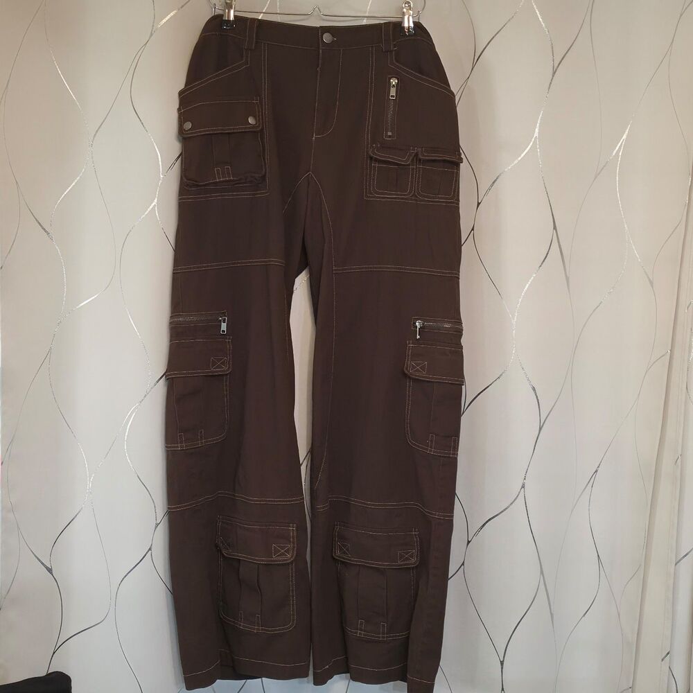 Dolls Kill Wide Leg Contrast Stitching Brown Cargo Pants